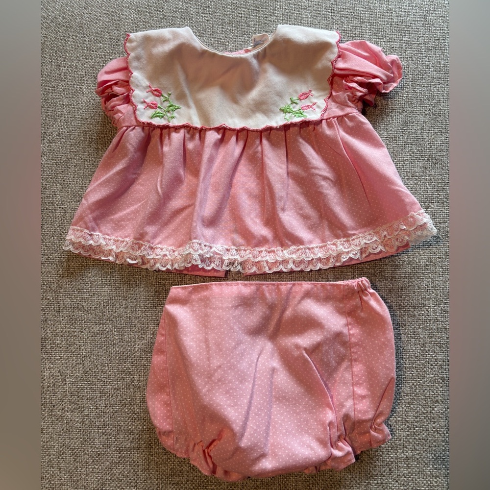 Vintage Pink Baby 2 piece outfit with Floral Embroidery - 6 Month